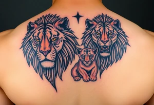 Male, female and cub lions tattoo idea
