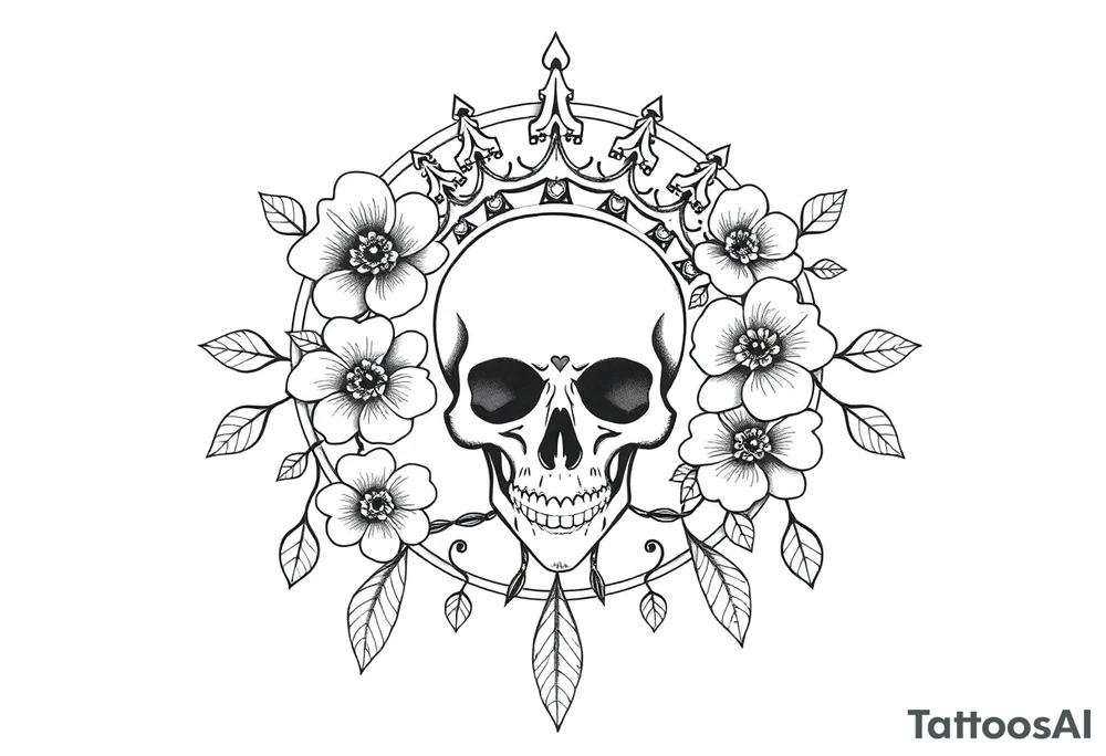 Mandala dream catcher with detailed beautiful gothic boho flowers on vine and skull with gorgeous crown tattoo idea