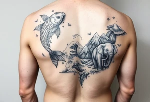 Koi fish and elephants with a wave design and underwater mountains  to go on the arm with alot of shading and intricate details tattoo idea