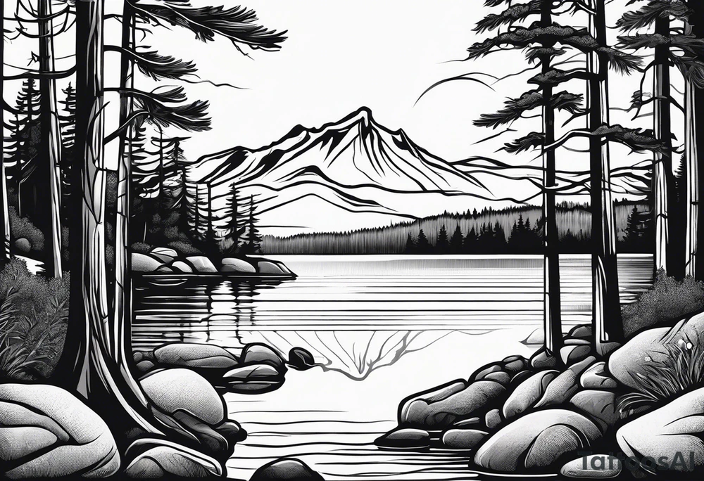 shoulder/upper arm design. pebble beach on a lakefront with a lake surrounded by tall trees and a mountain backdrop. Has reflections across the lakewater tattoo idea