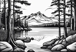 shoulder/upper arm design. pebble beach on a lakefront with a lake surrounded by tall trees and a mountain backdrop. Has reflections across the lakewater tattoo idea