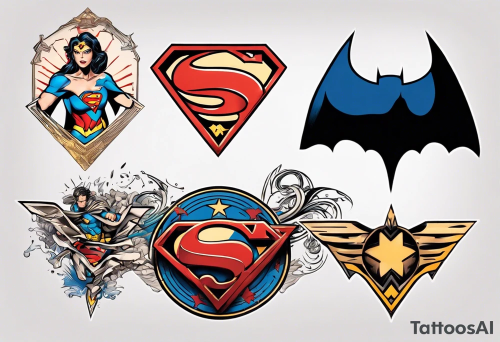 Superman, wonder woman and batman symbols elegantly combined tattoo idea