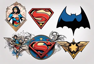 Superman, wonder woman and batman symbols elegantly combined tattoo idea