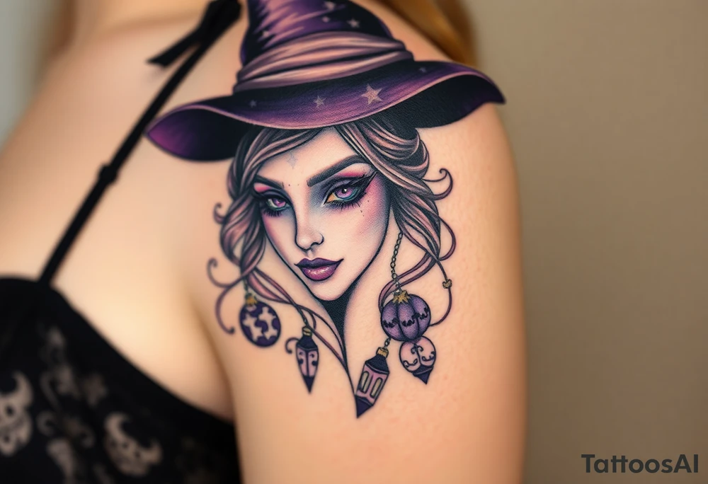 A witches portrait with purple accents and halloween ornaments tattoo idea