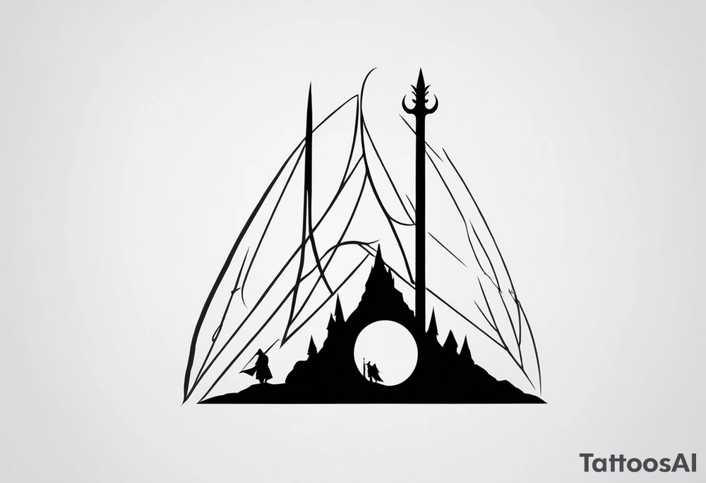 Lord of the rings with Harry Potter incorporated but clear visual of both movies. Small and minimal. Something like the deathly hallows symbol made out of swords and wizard staff from LOTR tattoo idea