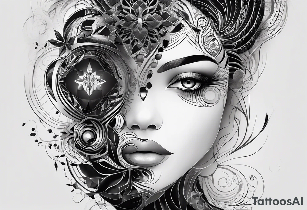 "An intricate tattoo design for the shoulder and upper arm, blending two abstract faces that merge, representing the balance between strength and sensitivity. Geometric lines flow into organic, free-form shapes like branches or smoke, signifying a journey between structure and freedom. One of the faces subtly morphs into a hand, with cracks and details showing the theme of reconstruction or transformation. In the background, delicate engravings of ancient ruins or castle arches add a timeless, introspective feel, with soft shadowing and bold outlines for an impactful, symbolic look. tattoo idea