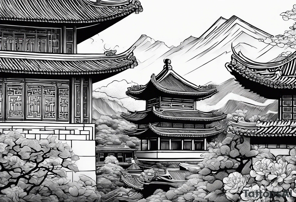 Chinese wall, realistic, art, sideview, highlight,outlines tattoo idea