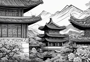 Chinese wall, realistic, art, sideview, highlight,outlines tattoo idea