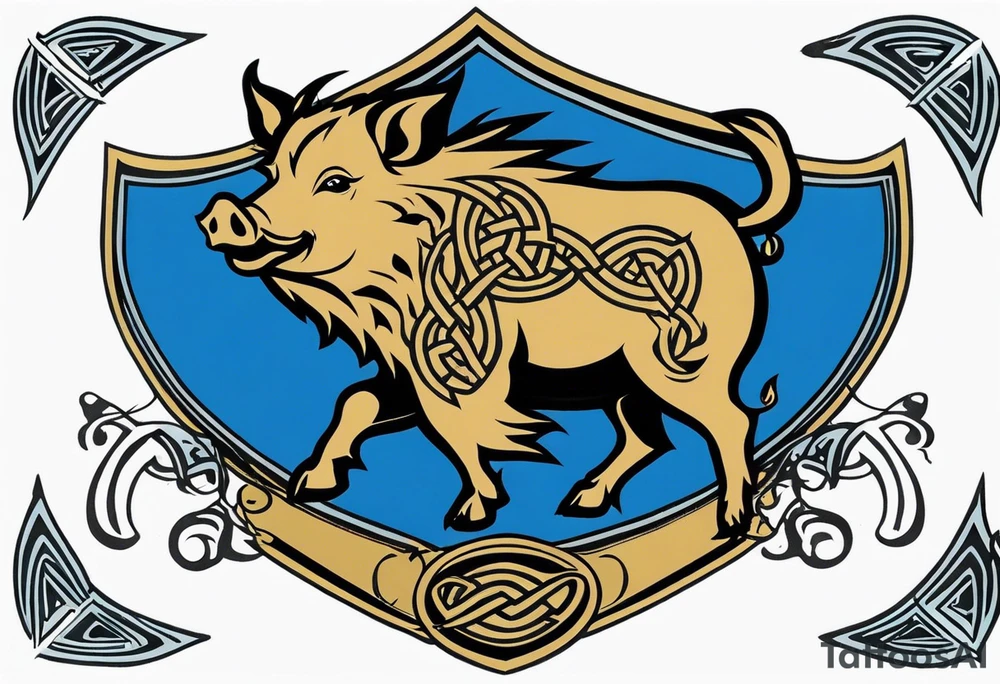 Side profile, Celtic, tribal, wild boar, On a Chatwin family crest with blue background, two gold stars, and a gold Chevron, and a Thistle. With thick black tribal lines. tattoo idea