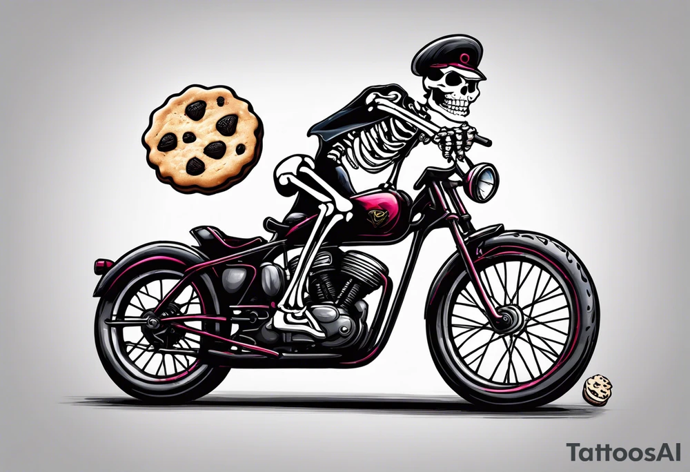 Lifelike skeleton wearing licra and cap rides a road bike. The skeleton is grinning at the viewer and holding a cookie in its left hand tattoo idea