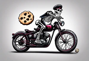 Lifelike skeleton wearing licra and cap rides a road bike. The skeleton is grinning at the viewer and holding a cookie in its left hand tattoo idea