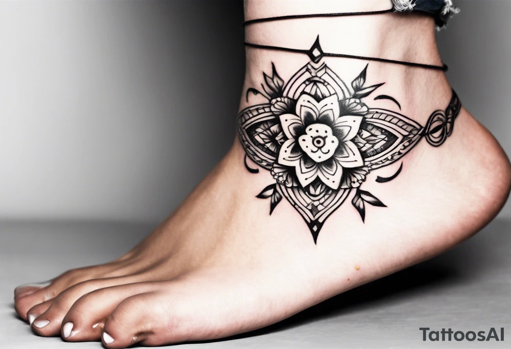 Ankle bracelet tattoo with feminine style and larger in the centre. Show on ankle tattoo idea