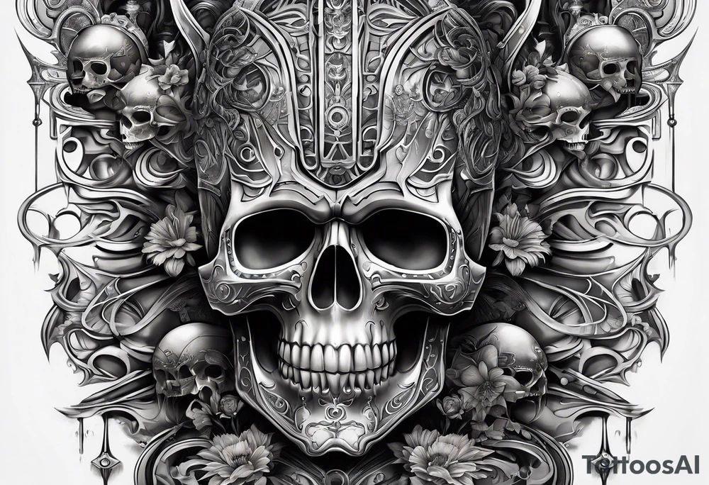 H.R. Giger skulls, water flow shapes, geometric shapes, flowers tattoo idea
