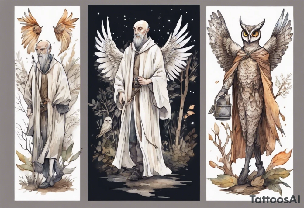 a tall thin medieval man with the head and wings of an owl walking on a forest path at night tattoo idea