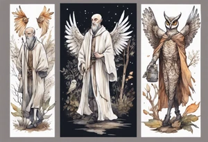 a tall thin medieval man with the head and wings of an owl walking on a forest path at night tattoo idea