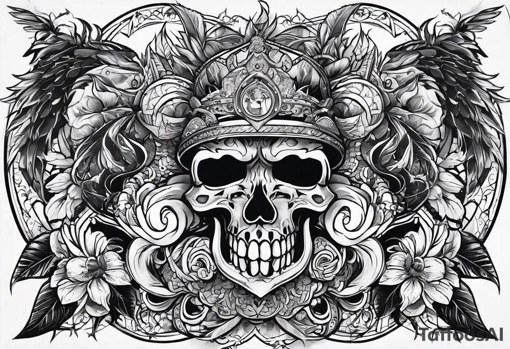 a tattoo with concept of adding buffs to luck for people who place it on their body. This tattoo will be in dark gothic and realistic art style, with Emblems presenting luck. tattoo idea