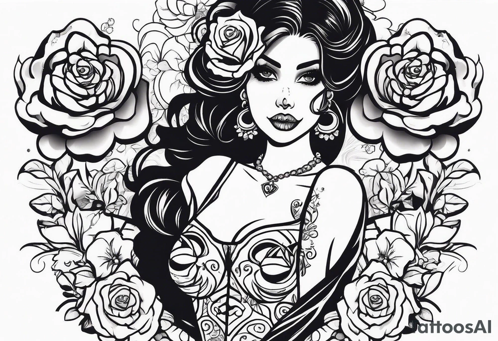 chest tattoo, from shoulder to shoulder, contains skulls, roses and muertos style girls tattoo idea