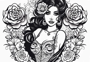 chest tattoo, from shoulder to shoulder, contains skulls, roses and muertos style girls tattoo idea