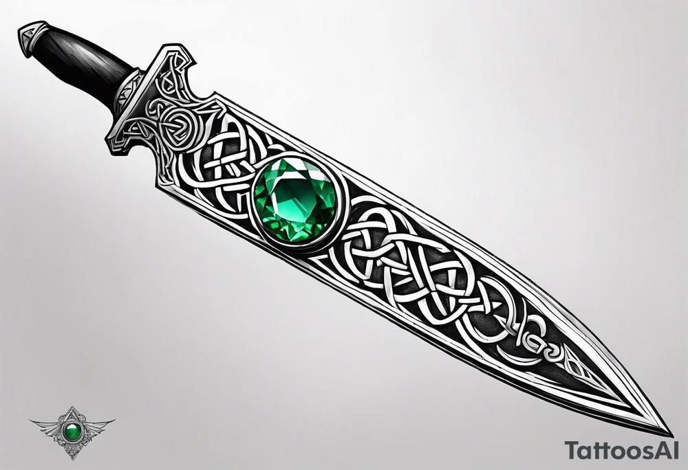 A Celtic athame dagger with the hilt turned upward and an emerald gemstone on the hilt not on the blade tattoo idea