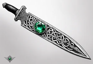 A Celtic athame dagger with the hilt turned upward and an emerald gemstone on the hilt not on the blade tattoo idea