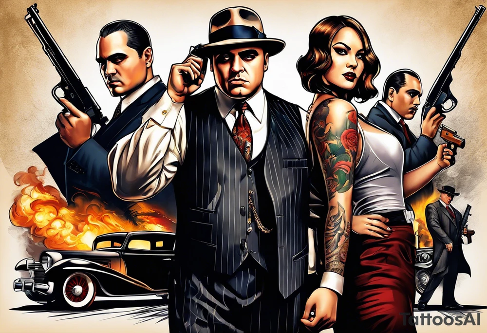 group of gangsters  with bonnie & clyde with Al Capone and machine gunns with smoke and fire and sexy females tattoo idea