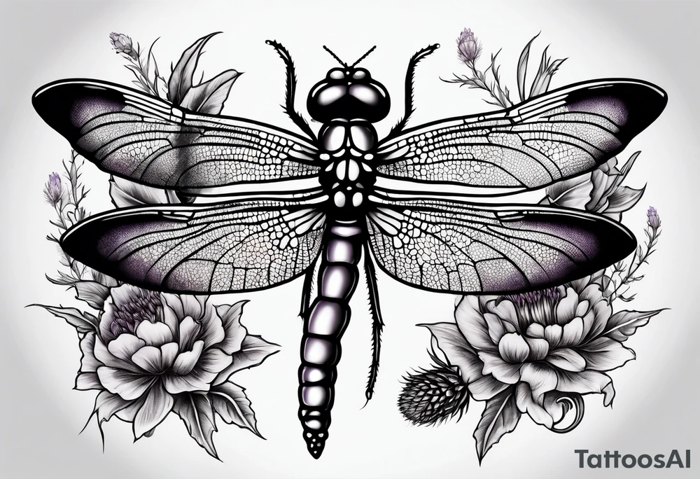 Dragonfly in amber with lavender and thistle tattoo idea