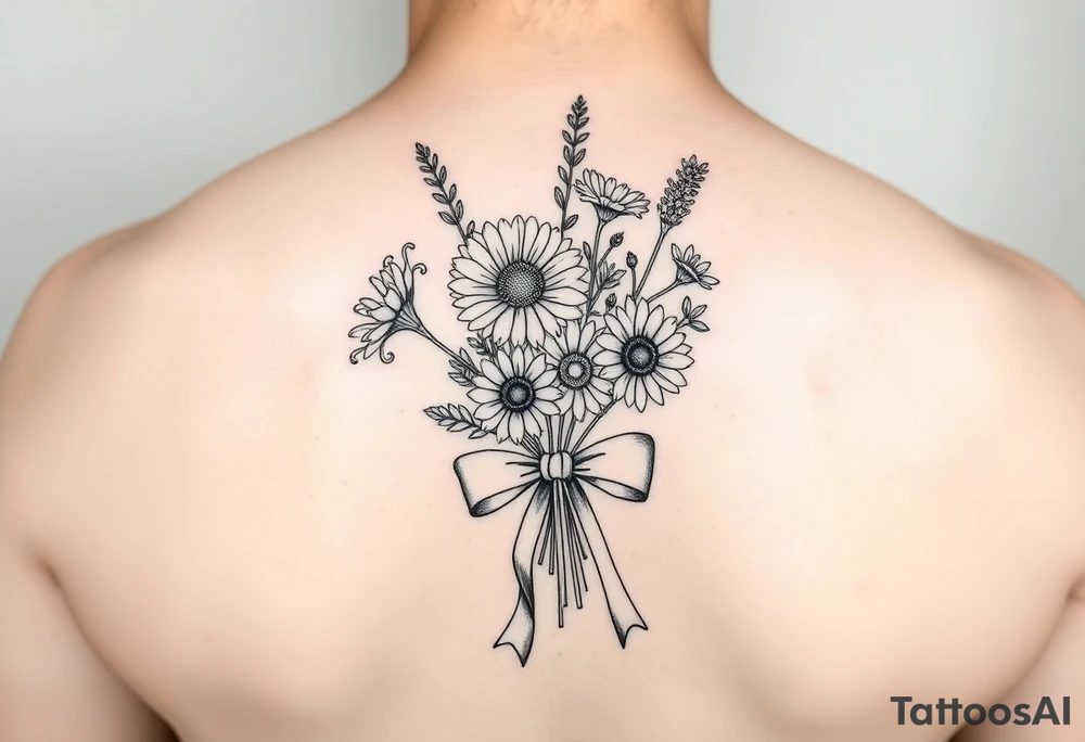 A small bouquet where the carnation, larkspur, daisy, and aster are gathered together at the stems and tied with a flowing ribbon bow tattoo idea