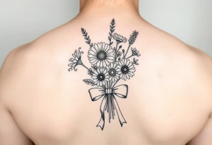 A small bouquet where the carnation, larkspur, daisy, and aster are gathered together at the stems and tied with a flowing ribbon bow tattoo idea