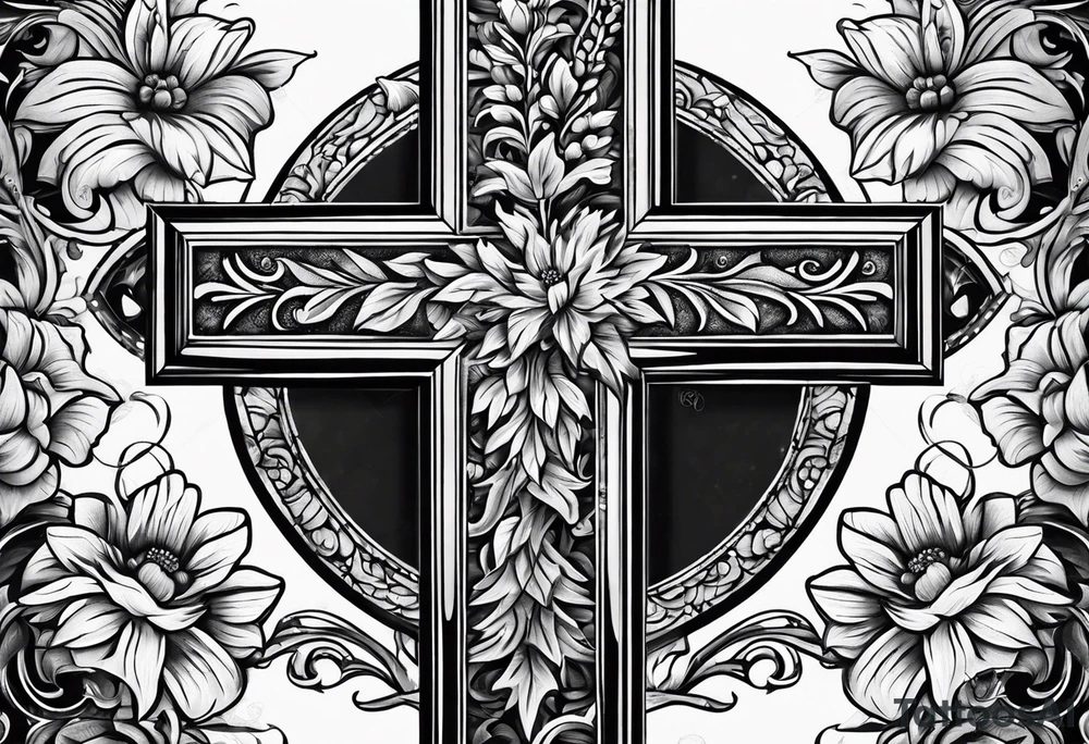 A wooden cross with 3 flowers surrounding it tattoo idea