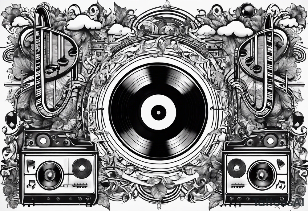 music notes surrounded by a record, a cassette tape, and saxophone parts tattoo idea
