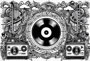 music notes surrounded by a record, a cassette tape, and saxophone parts tattoo idea