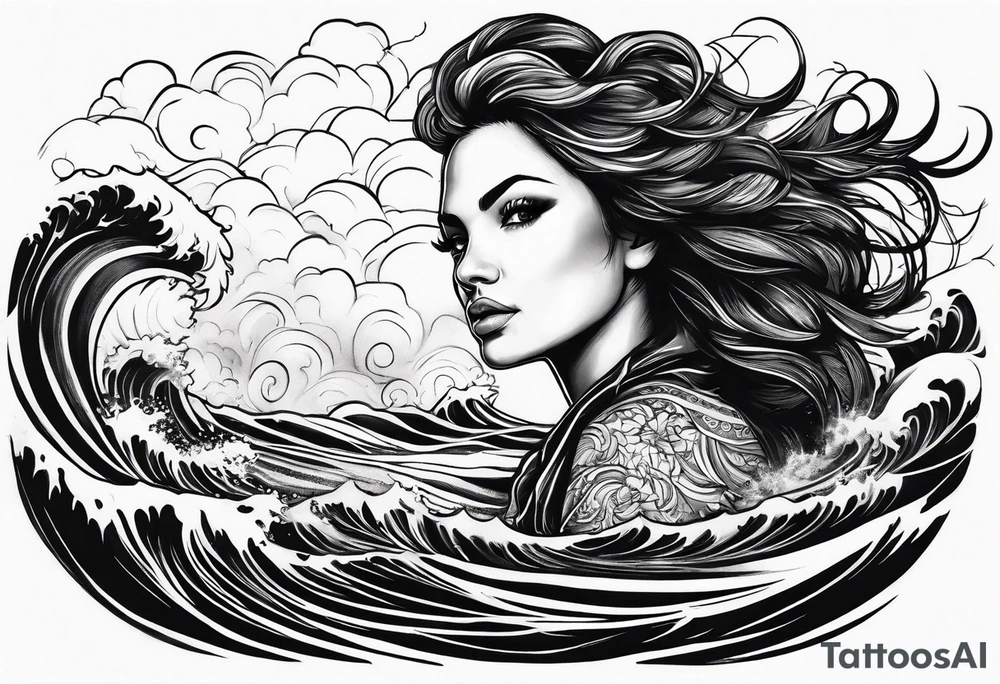 stormy sea waves, a woman in the middle of a storm tattoo idea