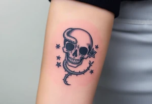Skull with a snake going through its eyes or mouth include a clock and prickly vines tattoo idea