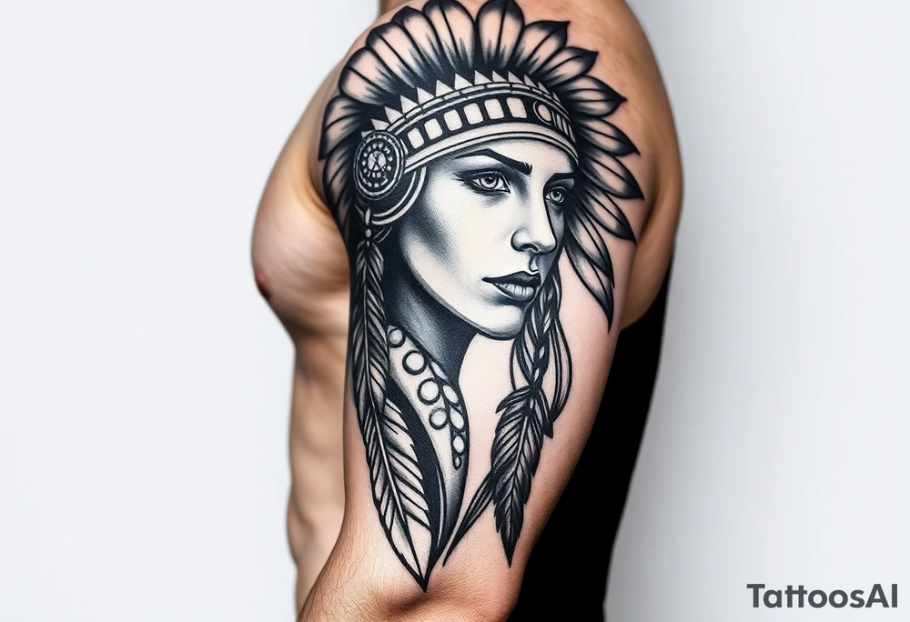Native American girl with headdress the sun and arrowhead tattoo idea