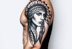 Native American girl with headdress the sun and arrowhead tattoo idea