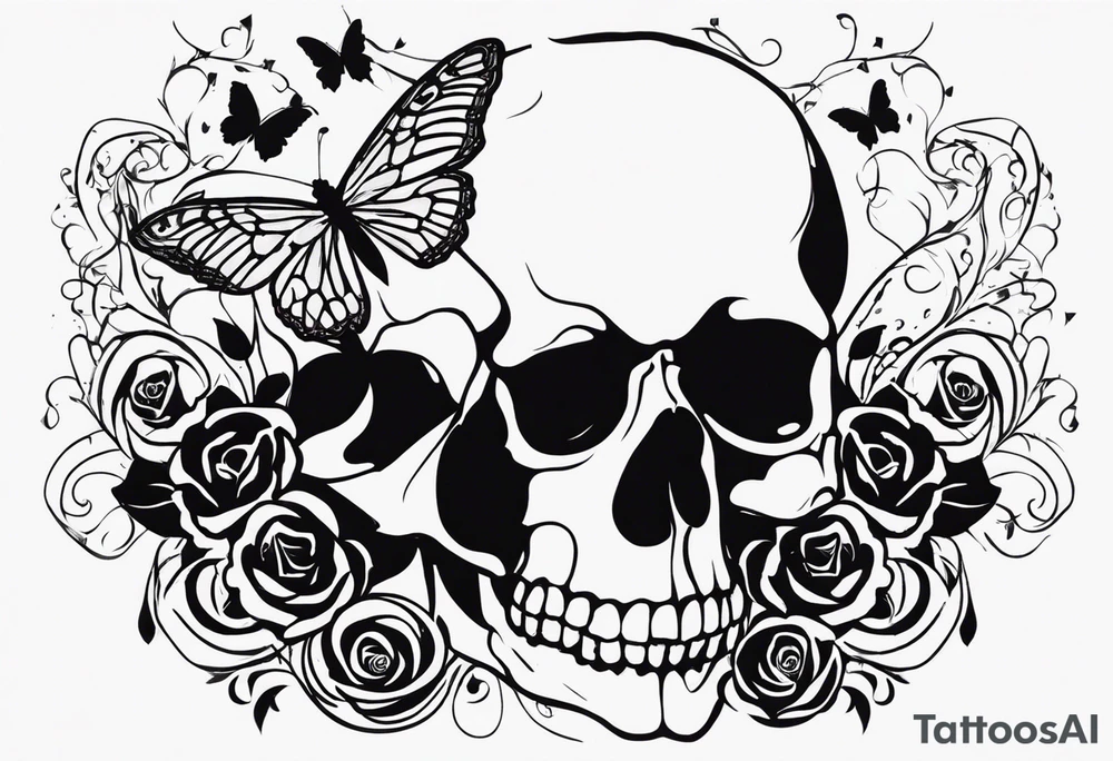 Skull with music sheet and butterfly tattoo idea