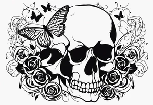 Skull with music sheet and butterfly tattoo idea