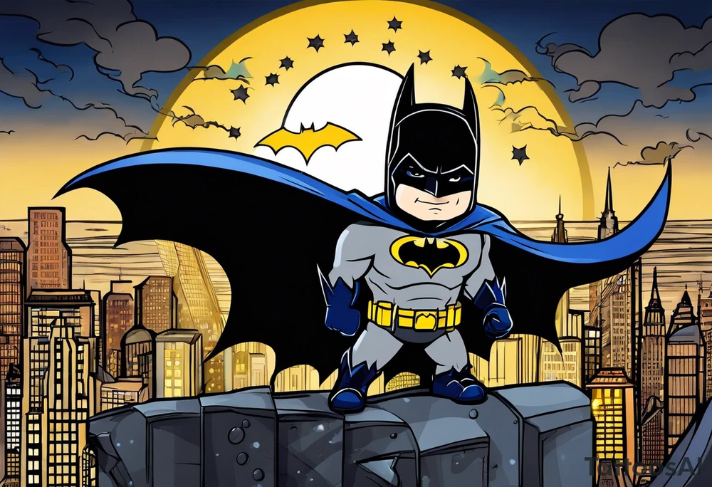 Little Batman with Batman-Logo and Gotham city in background. Bat signal is active. Batman is around in the city with a bat-claw tattoo idea