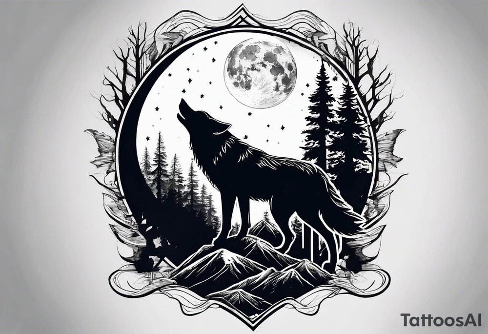 Half sleeve
Two wolves
Dark woods
Mountain peaks
Moon tattoo idea