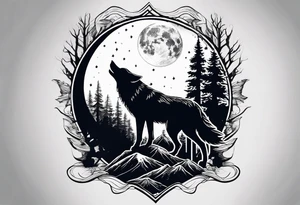 Half sleeve
Two wolves
Dark woods
Mountain peaks
Moon tattoo idea