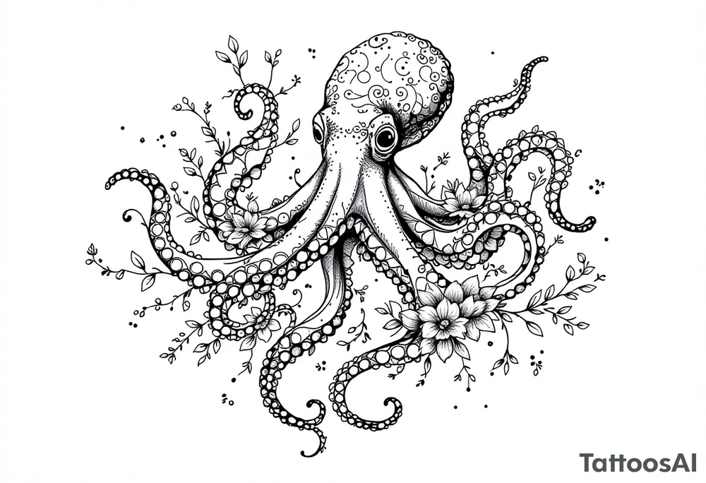 realistic octopus, detailed linework, intricate, black-and-grey shading, elegant floral vine, intertwining tentacles, thin black swirling lines, semi-transparent brown leaves, delicate mandala flower, dotwork, ornamental flourishes, radiating design, fine-line style, minimalistic, organic flow, feminine, artistic, slightly surreal, seamless composition, marine botanical fusion, lifelike texture, graceful rhythm, natural growth integration, body-following design, smooth shading, soft leaves wrapping, blooming shoulder flower, outward radiating pattern, vine tentacle flow, integrated sea creature, botanical octopus curved body placement, natural organic movement tattoo idea