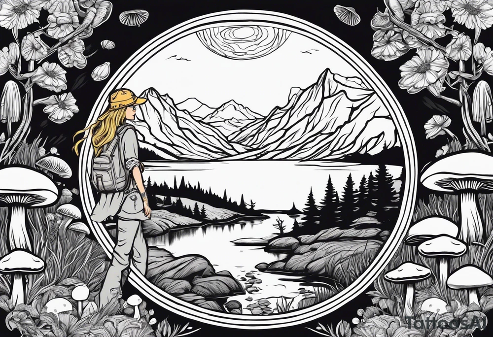 Whole picture encircled fully

Straight long blonde hair hippie girl in distance holding mushrooms in hand facing away toward mountains and creek surrounded by mushrooms long sleeve shirt and hiking pants; whole rendering within a full circle, no cut off circle tattoo idea
