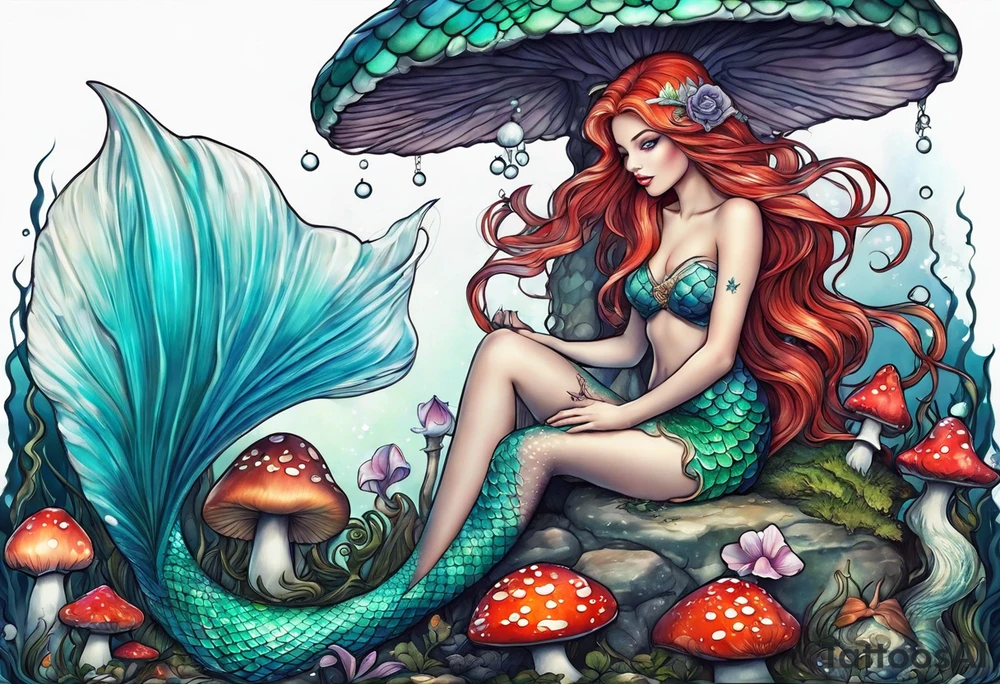 a mermaid sitting over a mushroom looking at a fairy tattoo idea
