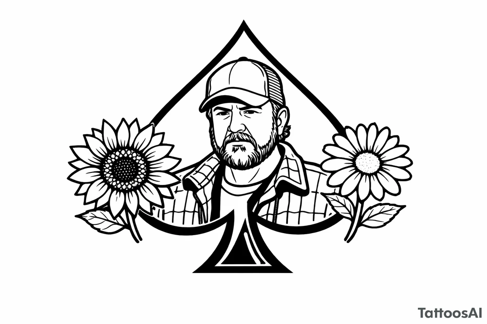 Bobby middle center inside the middle of the spade with a sunflower and a daisy on each side of the spade very super extremely traceable to trace onto notebook paper, very super extremely easy and simple traceable tracing black and white outlining outline coloring pages very super extremely traceable to trace onto notebook paper tattoo idea