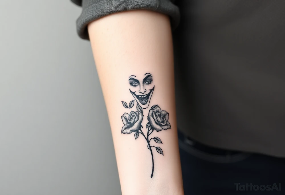Joker tattoo with roses and a snake through the roses and money butterfly’s with filler ink tattoo idea