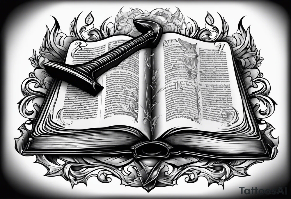 An opened bible with a battle Axe tattoo idea