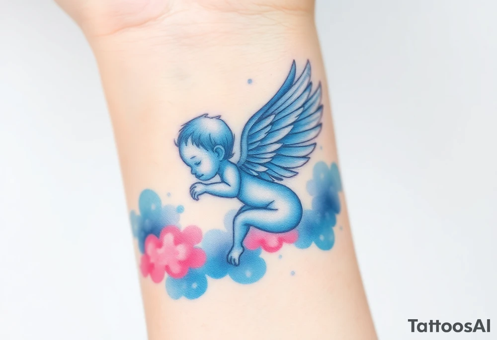 Winged baby, blue and pink watercolor, clouds tattoo idea
