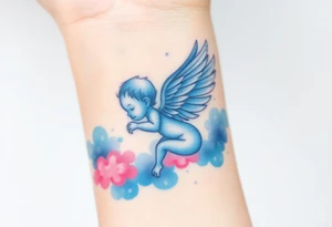 Winged baby, blue and pink watercolor, clouds tattoo idea