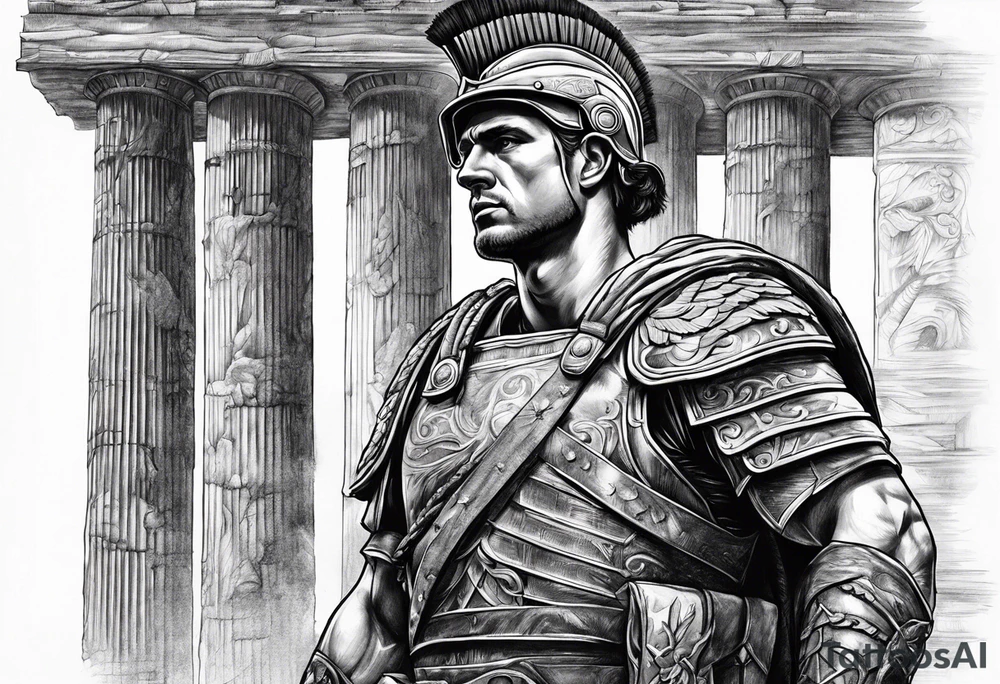 Roman solider looking at distant pillars tattoo idea