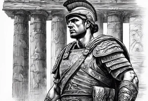 Roman solider looking at distant pillars tattoo idea